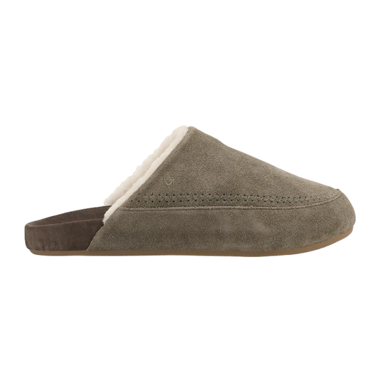 A single taupe-brown suede slipper with a white sherpa lining, shown in a side profile view against a plain white background.