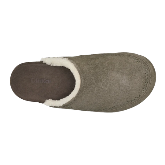 A single taupe-brown suede slipper with a white faux-fur lining, shown from a top-down view on a white background.