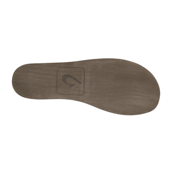 A single shoe insole shown from the bottom on a plain white background. The insole has a medium brown woodgrain texture with a dark brown embossed logo in the center.