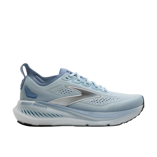 A light blue Brooks running shoe with a metallic silver side logo, shown in a side profile view against a solid white background.