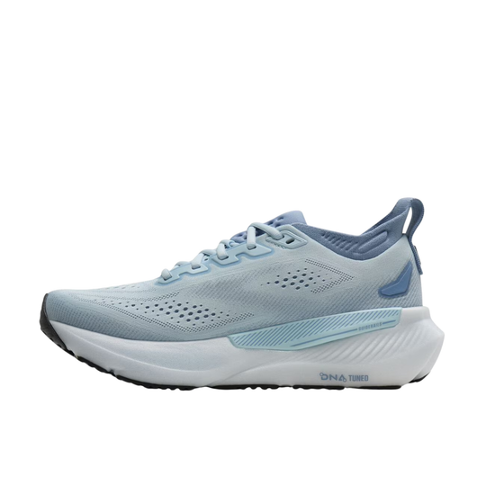 A light blue and white running shoe shown from the side against a plain white background. The shoe features a light blue mesh upper, a thick white midsole with a light blue accent stripe, and a black outsole.
