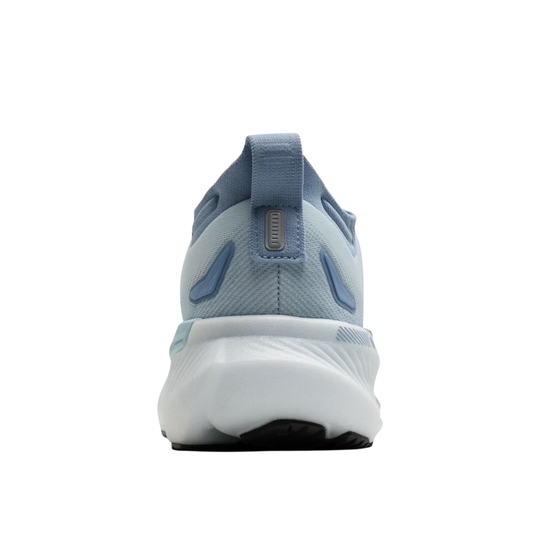 A light blue and white running shoe shown from the rear on a solid white background.