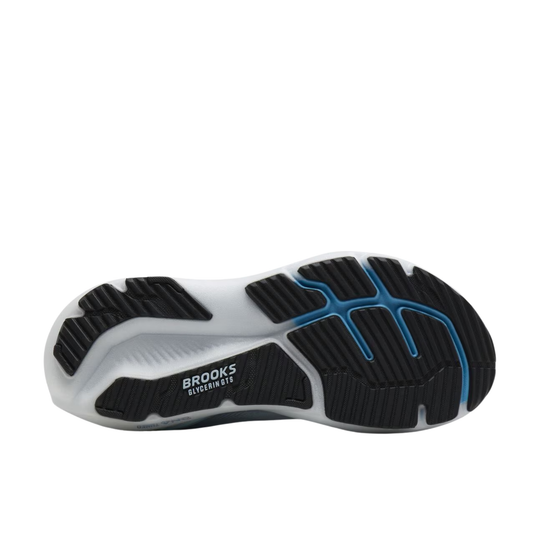 The outsole of a Brooks Glycerin running shoe, showing a white and black tread pattern with a blue accent line and the 'BROOKS GLYERIN 15' branding.