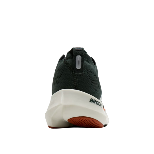 A rear view of a Brooks running shoe in dark forest green and white, featuring a textured green upper, a thick white midsole with green branding, and a reddish-brown outsole.