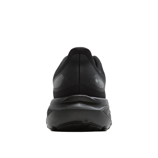 A black athletic shoe shown from the rear on a solid white background.