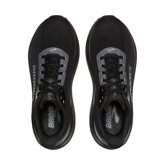 A pair of black Brooks running shoes shown from a top-down view against a solid white background.
