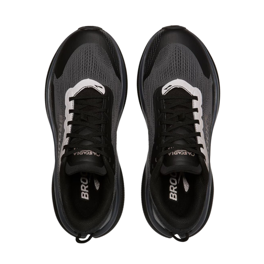 A pair of black and dark gray Brooks running shoes shown from a top-down view on a solid white background.