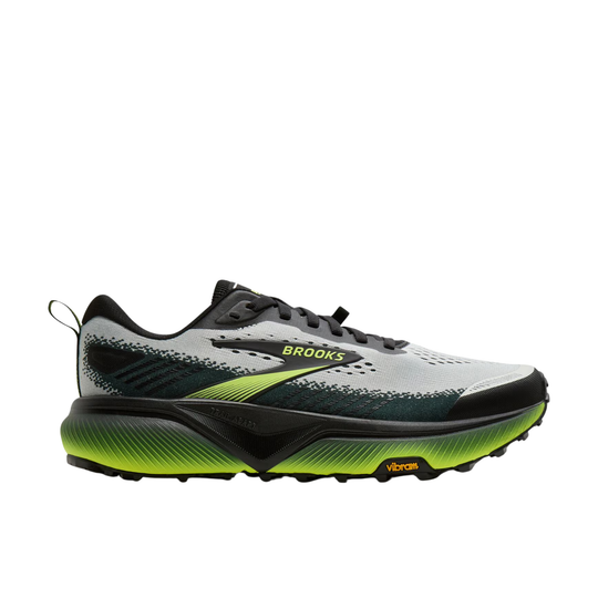 Brooks Glycerin running shoe in white and black with neon yellow-green accents, shown in a side profile on a white background.
