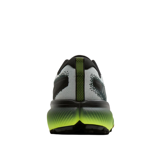 A rear view of a running shoe on a solid white background, featuring a gray and black knit upper with a bright neon green accent on the heel pull tab and a matching neon green gradient on the midsole.