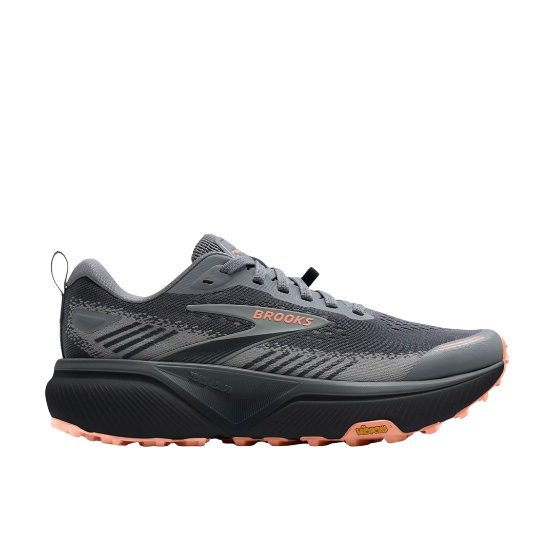 A Brooks sneaker in a dark grey colorway, shown against a plain white background.