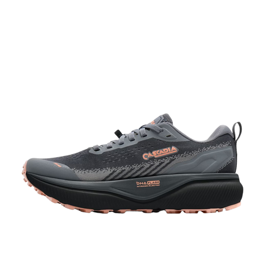 Gray and black sneaker with Brooks logo on a light gray background