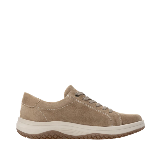 A single taupe-brown suede sneaker shown from the side profile against a solid white background.