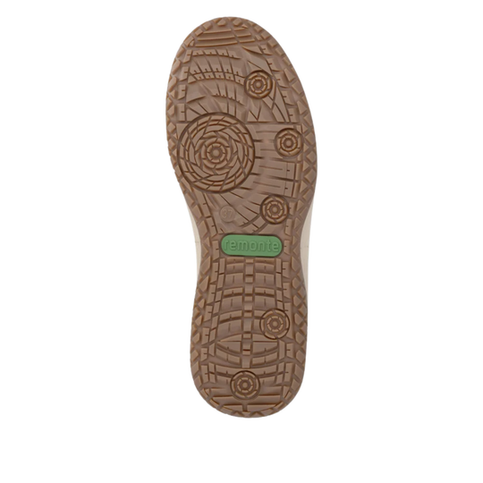 The outsole of a shoe, showing a textured brown rubber tread with a small green 'remonte' brand logo in the center, isolated on a white background.