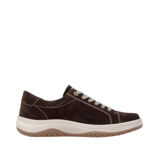 Brown sneaker with white/beige laces on a white background