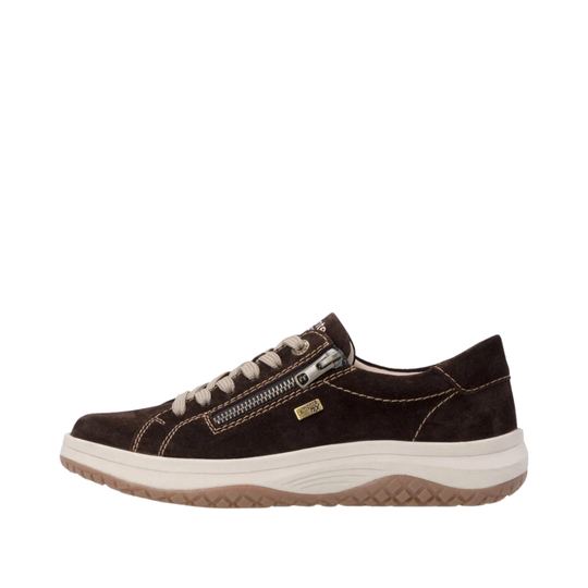 Brown sneaker with white/beige laces on a white background