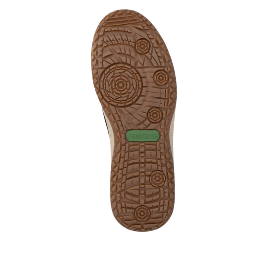 Brown shoe sole with a visible brand logo on a white background