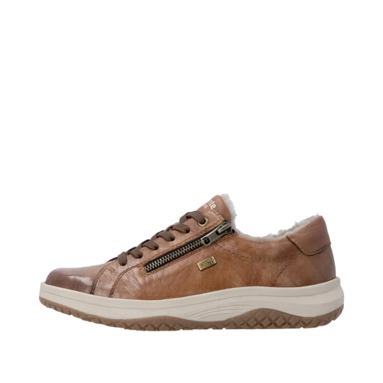 Brown leather sneaker with fur lining on a white background