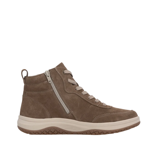 A single mid-height ankle sneaker boot in brown suede, featuring a silver side zipper, beige laces, and a two-tone beige and brown sole, shown from a side profile on a white background.
