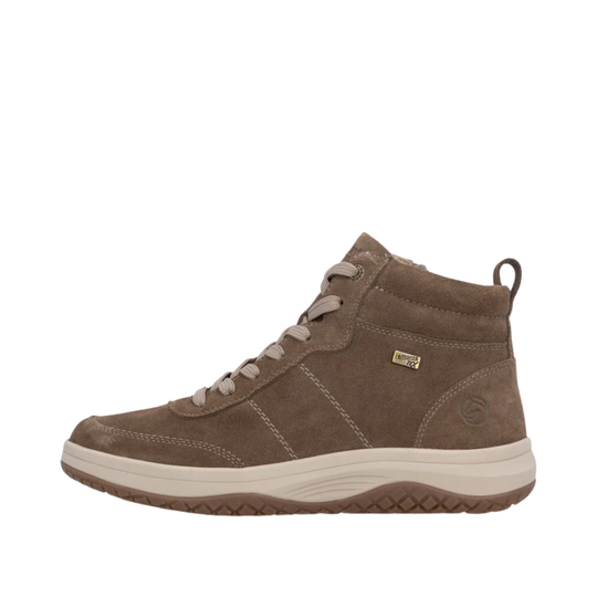 A mid-height brown suede sneaker boot with beige laces, a cream-colored midsole, and a small gold 'GORE-TEX' logo on the side, shown against a plain white background.