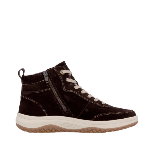 A dark brown suede high-top sneaker with a side zipper, cream laces, and a thick cream and brown sole, shown from a side profile on a white background.