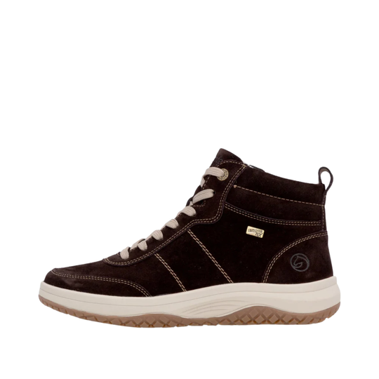 A dark brown leather Chelsea boot with black elastic side panels and a black sole, shown in a side profile view against a plain white background.