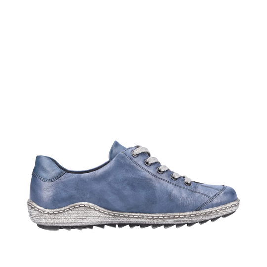 A single blue leather sneaker with white laces and a textured gray and white sole, shown in a side profile on a white background.