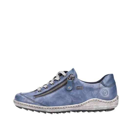 A single blue leather sneaker with a side zipper, gray laces, and a textured gray and white sole, shown from a side profile on a white background.