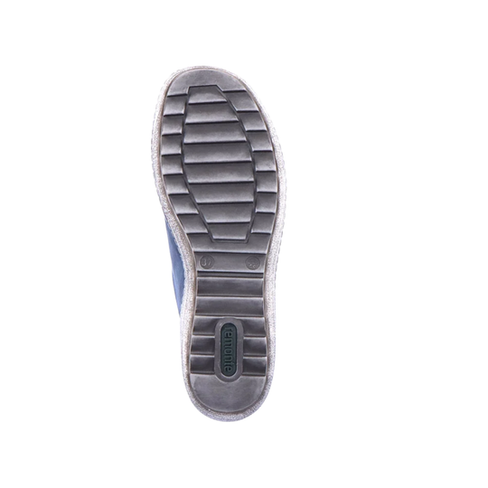 The outsole of a shoe, showing a textured gray rubber tread with a small oval brand patch in the heel area that reads 'remonte'.