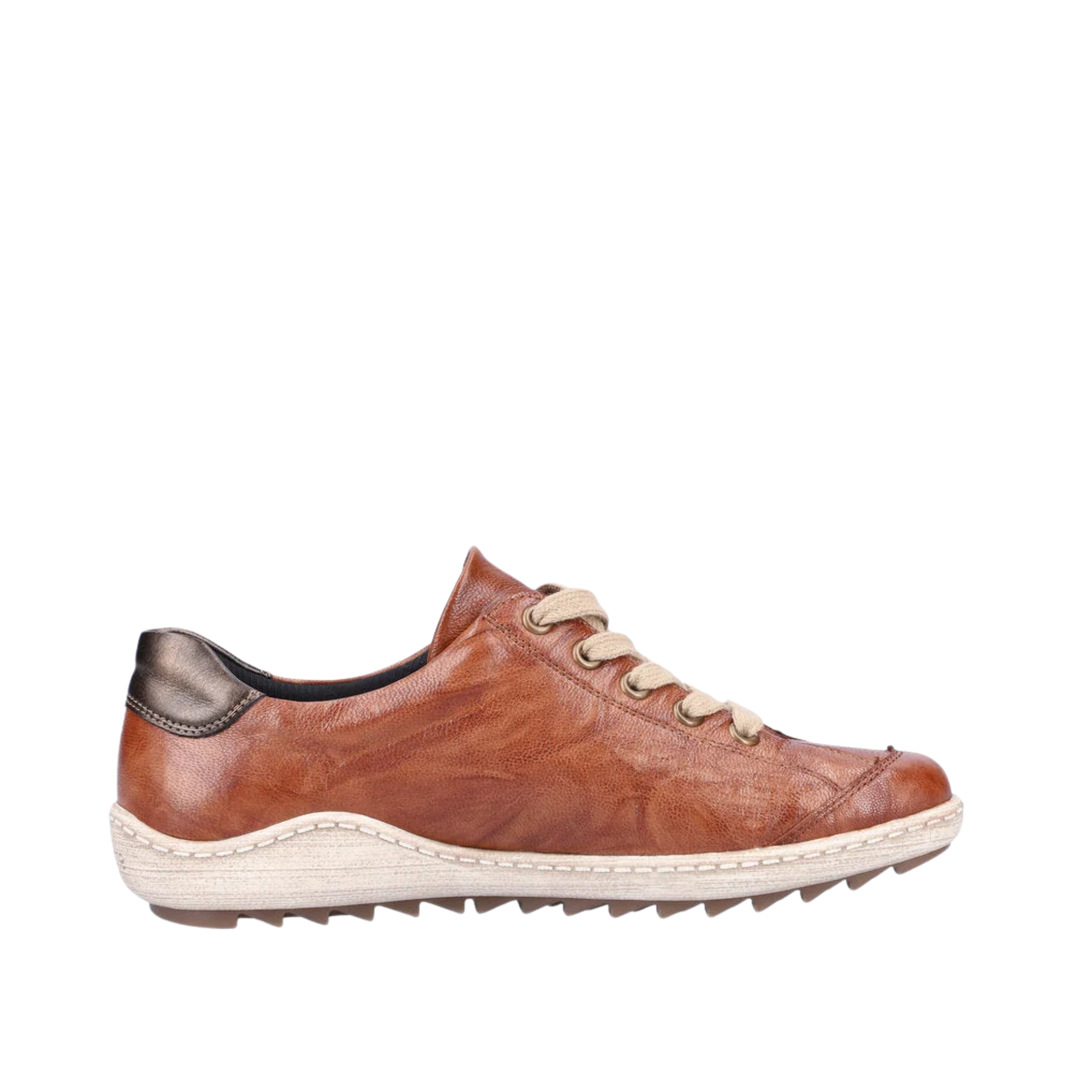 A brown leather low-top sneaker with beige laces, a dark brown heel tab, and a cream-colored braided midsole and black treaded outsole, shown in a side profile on a white background.