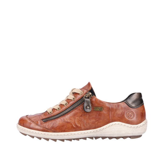 A brown leather sneaker with a front zipper, beige laces, and a white sole, shown from a side profile on a white background.