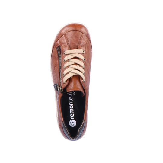 Brown leather shoe with beige laces on a white background