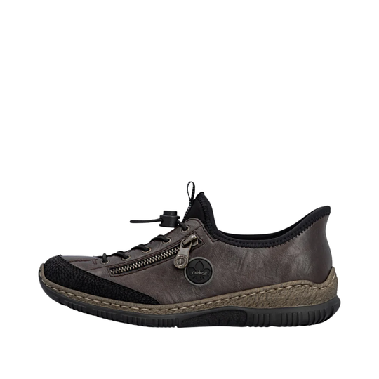 Brown leather shoe with black sole on a white background