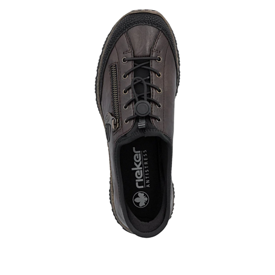 A single Rieker  shoe in dark brown and black, shown from a top-down view against a plain white background.
