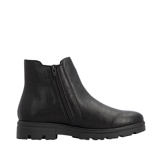 A black leather ankle boot with a side zipper, shown in a side profile view against a plain white background.