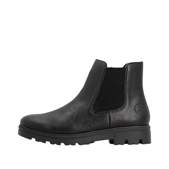 A black leather Chelsea-style ankle boot with a black elastic side gore and a chunky lug sole, shown in profile against a plain white background.