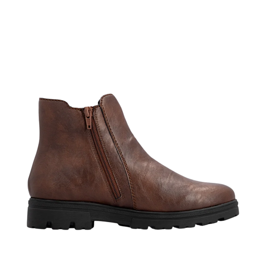 A brown  leather ankle boot with a side zipper and a chunky black sole, shown in profile against a plain white background.