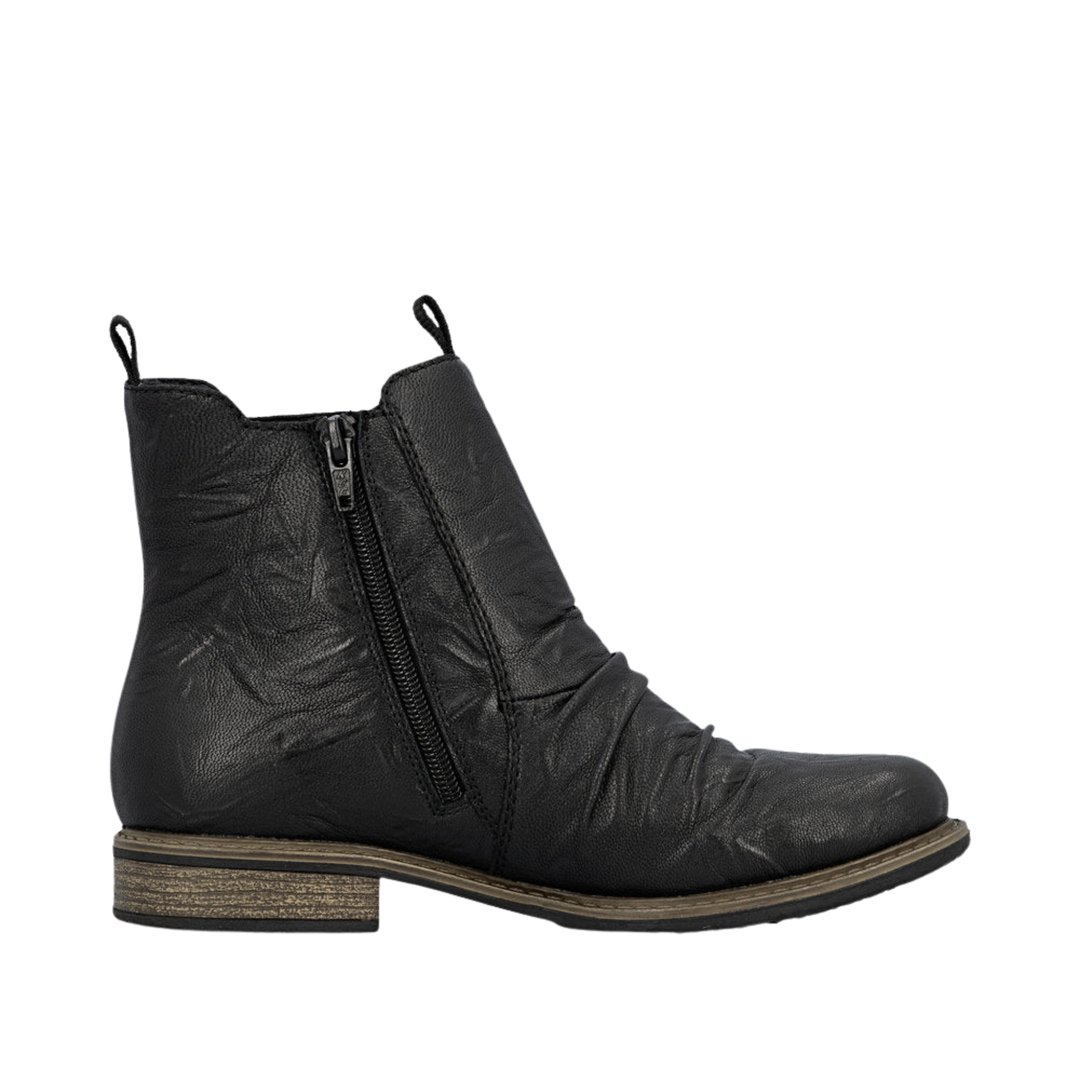 A black leather ankle boot with a side zipper, pull tabs, and a stacked block heel, shown in profile against a white background.