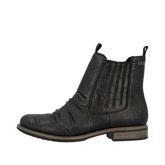 Black leather boot with a white background