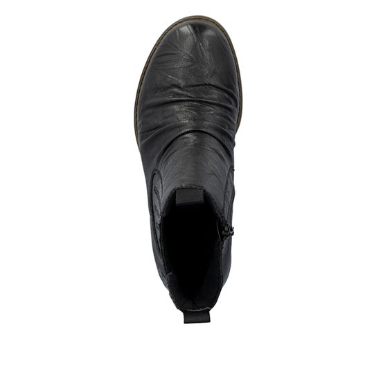 A single black leather ankle boot shown from a top-down view against a plain white background.