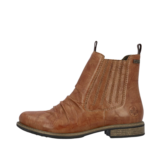 A single brown leather ankle boot with elastic side panels, a pull tab, and a low stacked heel, shown in profile against a plain white background.