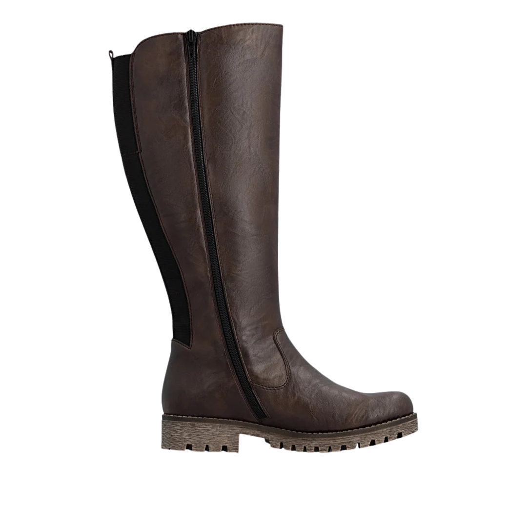 A dark brown knee-high leather boot with a black side zipper and elastic side panels, shown in profile against a plain white background.