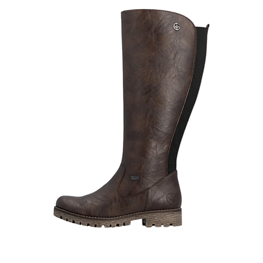 A single dark brown leather knee-high riding boot with a black side panel and a small silver logo emblem near the top, shown against a plain white background.