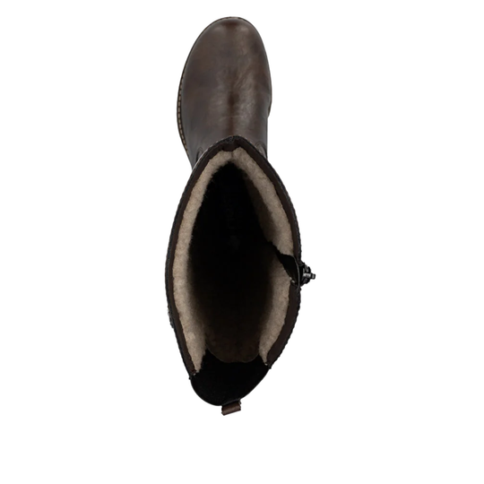 A dark brown leather ankle boot with a light beige shearling lining, shown from a top-down view on a white background.