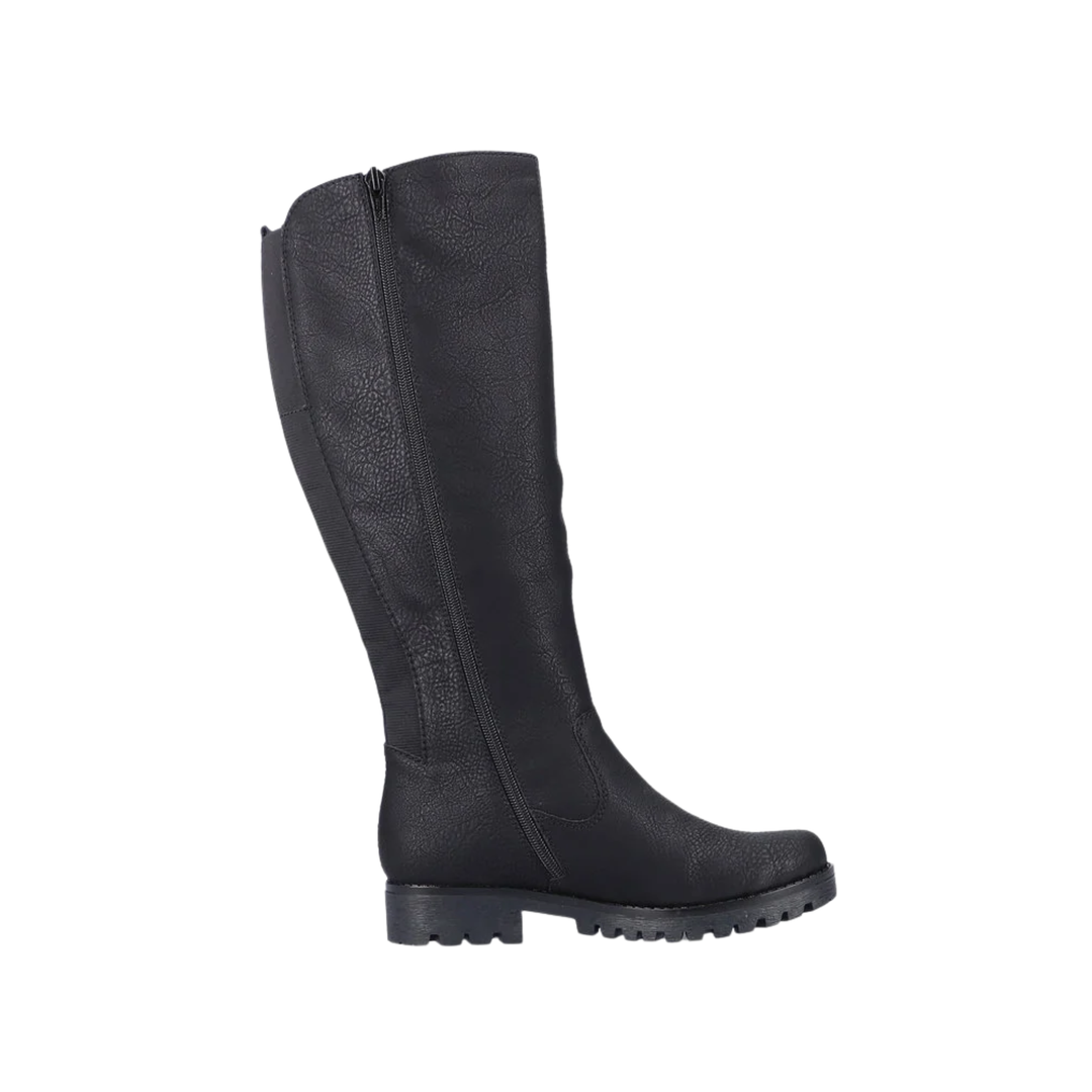 A single black leather knee-high boot with a side zipper, shown in a side profile view against a plain white background.