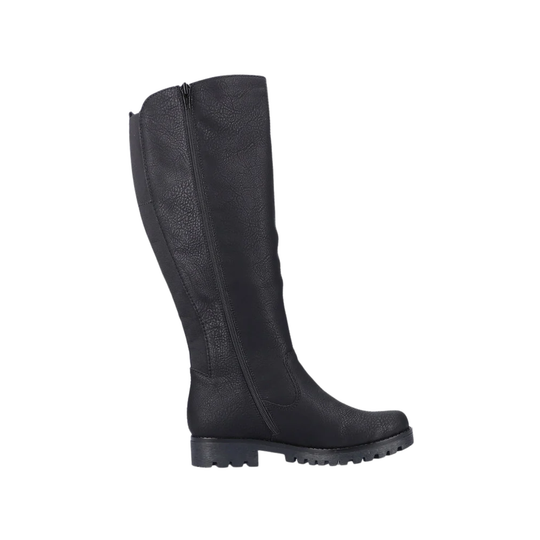 A single black leather knee-high boot with a side zipper, shown in a side profile view against a plain white background.