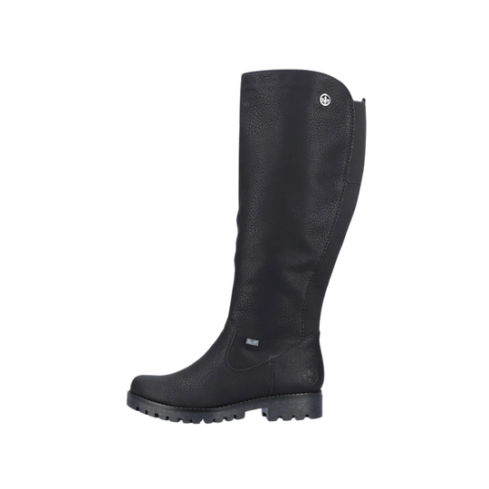 A single black knee-high leather boot with a side zipper, featuring contrasting black suede panels on the upper shaft, shown against a plain white background.