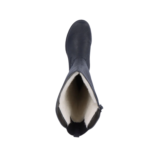 A single dark navy blue leather boot with a soft white shearling lining, shown from a top-down view against a plain white background.
