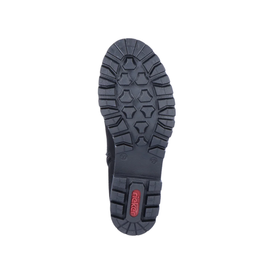 A top-down view of a dark gray boot sole, showing a textured tread pattern and a red 'Rieker' brand logo on the heel, set against a plain white background.