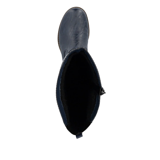 A single dark navy blue leather ankle boot shown from a top-down view against a plain white background.