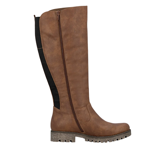 A brown faux-leather knee-high boot with a black side panel and a side zipper, shown in profile against a white background.